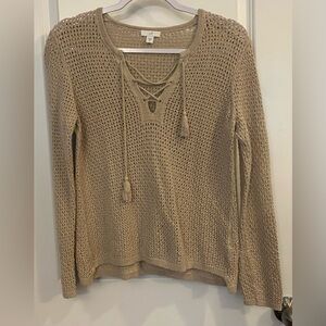 J Jill Sweater Sz XS Tan Open Stitch Lace Up V-neck